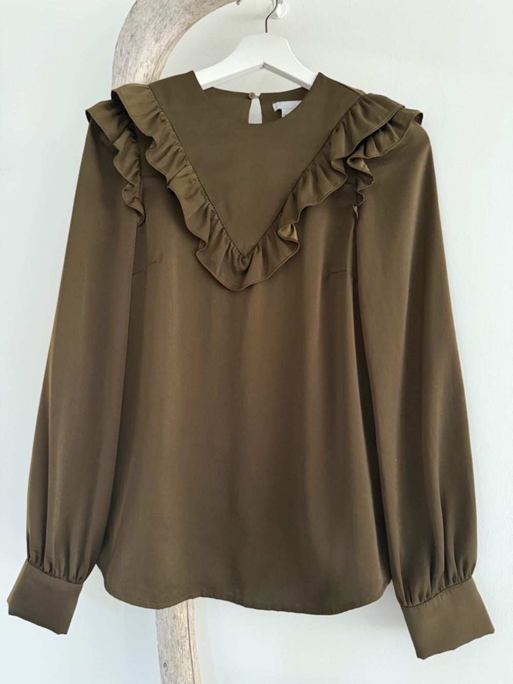 H&M Olive Ruffle V-Yoke Long Sleeve Blouse